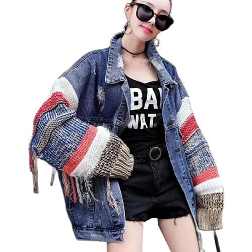 2021 Spring Autumn Knitted Sleeves Stitching Denim Jacket Women Korean Loose Student Ripped Jeans Coat Female Outerwear Tops