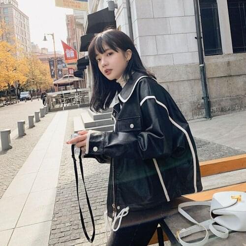 Autumn 2021 New Women Harajuku Short Faux Pu Leather Jacket Plus Size Lapel Long Sleeve Loose Motorcycle Jacket Casual Fashion