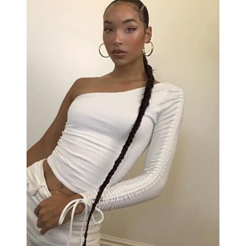 Womens Y2K Aesthetic Chic Tops Sexy One Shoulder Top Unique Drawstring Long Sleeve Skinny Clubwear Slim Fit Solid Blouse