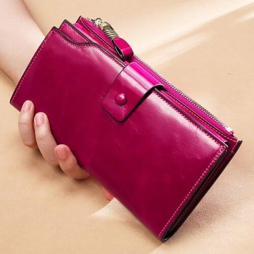 RFID Blocking Genuine Leather Women Wallets Long Oil Wax Cowhide Female Card Holder Wallet Coin Purse