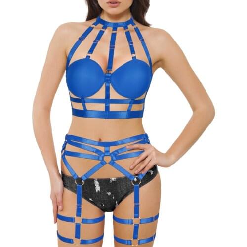 Women Sexy Lingerie Goth Elastic Body Harness Cage Suspenders Chest Bondage Bra Straps Garter Belt Beach BDSM Club Rave Fetish