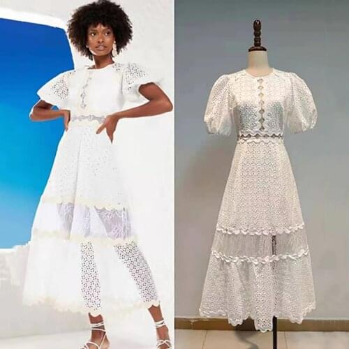 Stylish White Black Puff Sleeve O Neck Lace Hollow Out Lady Dress Summer Casual Elegant zipper