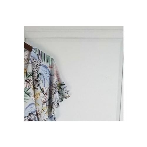 2021 Spring and Summer New V-neck Floral Print Lace-up Long Sleeve Irregular Ruffled Midi Dress