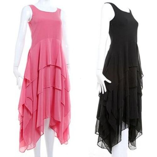 Plus Size S-5XL/6XL Summer Party Women Full Dress Fashion Chiffon Three Tiers Ruffle Solid Color Sleeveless Lady Dresses Vestido