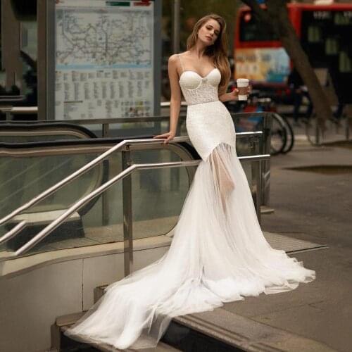 Thinyfull Ivory Mermaid Wedding Dresses Spaghetti Straps Bustier Corset Sequins Bride Dress Court Train Vestido De Novia 2020