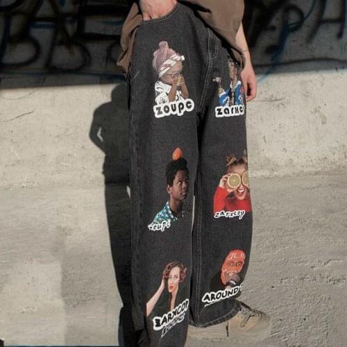 High Street Retro Washed Jeans Dark Black Cartoon Print Portrait Straight Leg Pants Wide Leg Denim Pants Men and Women Bottoms