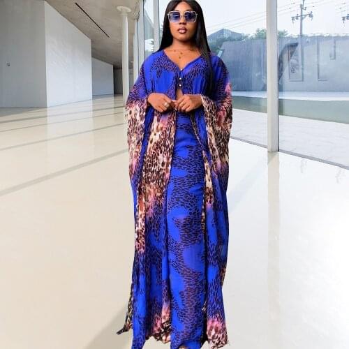 Elegant Plus Size Two Pieces Suit African Femme Beauty Print Fashion Bazin Riche Party Dress Noble Long Robe+ Wide Pants