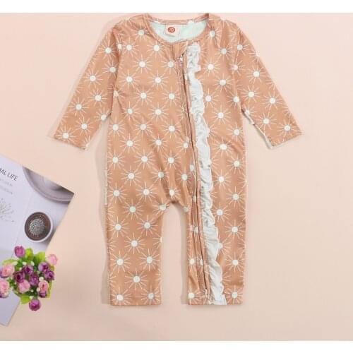 FOCUSNORM 0-24M Lovely Baby Girls Boys Jumpsuits Sun Pattern Printing Long Sleeve Ruffles Zipper Autumn Jumpsuits