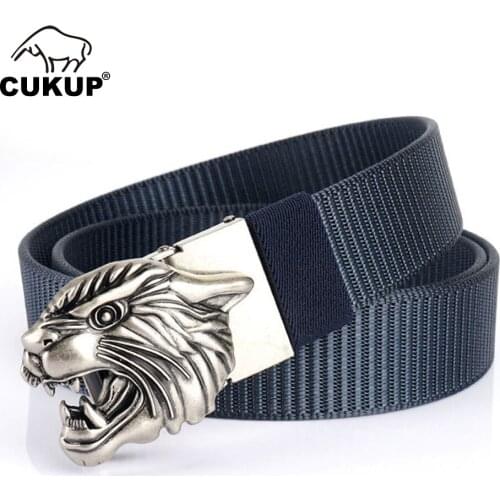 CUKUP Unique Design Lion Head Pattern Buckles Metal Mens Quality Soft Nylon & Canvas Belts Men Accessories 3.5cm Width CBCK264