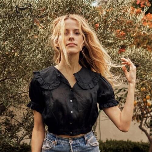 New Summer Women Solid Color Black Puff sleeves Short T-Shirt Ladies Prairie Chic Crop Tops Female Brand White TShirts ZM35