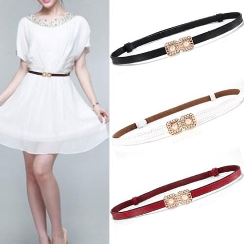 New Womens Waistband Genuine Leather pearl gold metal buckle thin cummerbunds for Jeans Dress Female Top Quality Ceinture Femme