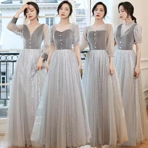 Bridesmaids Dresses Illusion Three Quarter V-Neck Pearls Embroidery A-Line Lace Tulle Luxury Gray Women Wedding Party Gown E438