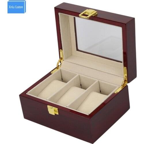 Luxury Wood Glossy Lacquer 3 Grids Watch Box&Case 3 Display Jewelry PVC Window Top Organizer Custom Watch Boxees logo