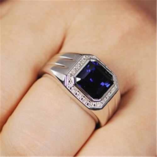 Luxury Male Blue Crystal Stone Jewelry Trendy Silver Color Wedding Rings For Men Classic Square Engagement Valentines Day Gifts
