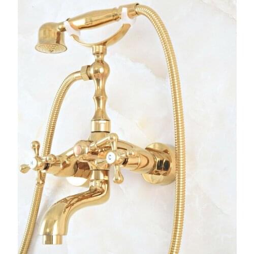 Luxury Polished Gold Color Brass Bathroom Wall Mounted Clawfoot Tub Faucet Taps Set With Hand Held Shower Head Spray mna802