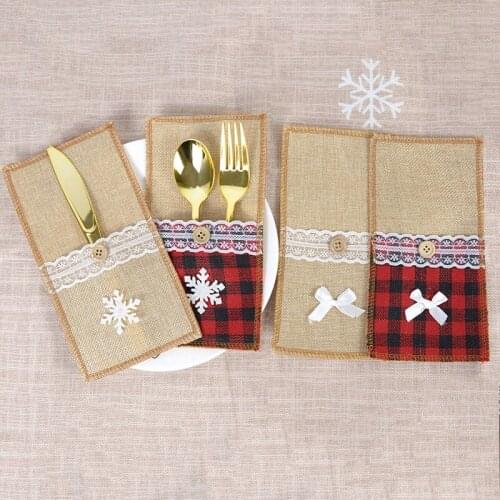 2pcs Christmas Cutlery Cover Burlap Lace Pouch Santa Claus Snowman Elk Bag For Knife Fork Kitchen Tableware Xams Party Decor