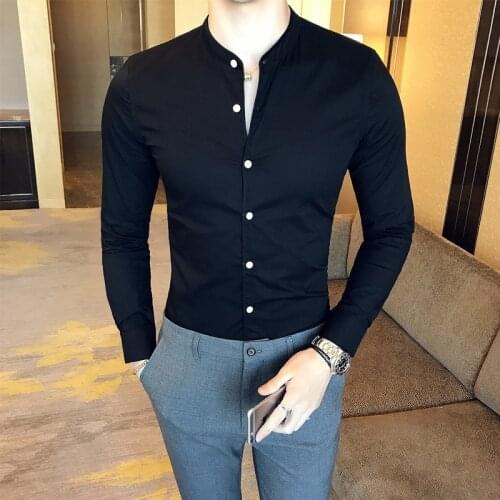 Mens Fashion High-quality Pure Cotton Solid Color Stand-up Collar Casual Business Long-sleeved Shirt Mens Slim Casual Shirt