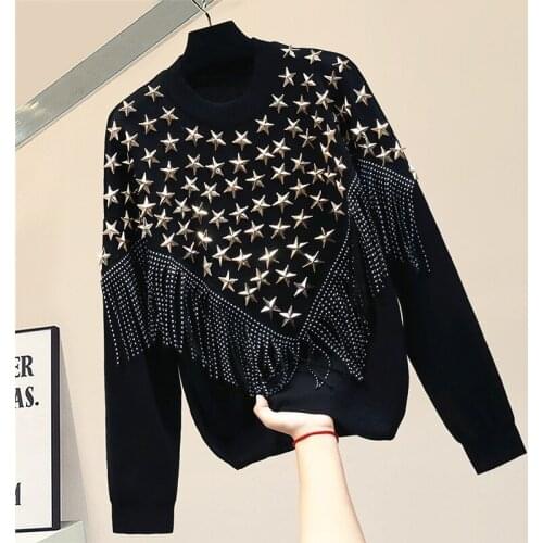 Heavy Industry Tassled Star Rivet Pullover Woman Knitting Tops 2020 Fall New Sweater Women Loose Black Casual Sweaters Street