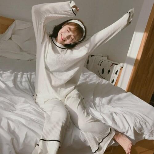Yomrzl New arrival spring autumn womens pajama set beige long sleeve sleepwear o-neck sleep set indoor clothes A410