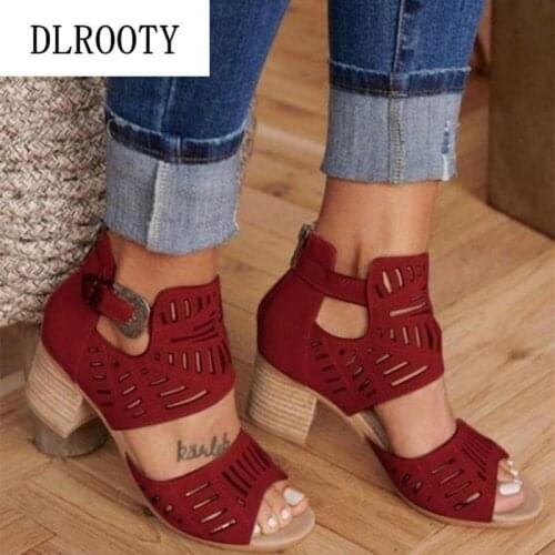 Woman Sandals Shoes Summer Style Pumps High Heels Thick Peep Toe Zip Buckle Strap Fashion Solid Gladiator Plus Size 34-43