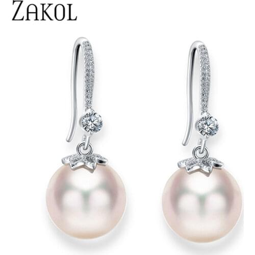 ZALOL Fashion Round Simulated Pearl & Zirconia Long Drop Earrings for Women Bridal Wedding Hook Ear Jewelry Free Shipping
