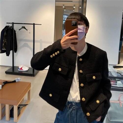 Black Tweed Golden Luxury Single-Breasted Short Jacket 2021 Spring Autumn New O-Neck Loose Cropped Top Women Clothes