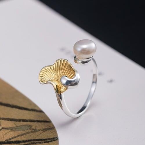 Artistic Style Pearl Gingko Leaf opening Ring For Women Real 925 Sterling Silver Elegant Jewelry Birthday Gifts