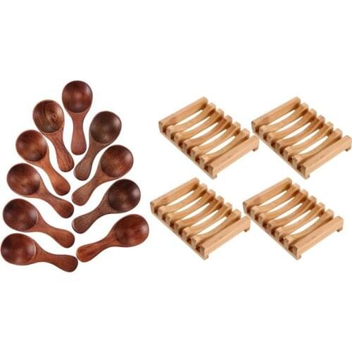 4 Pieces Wooden Soap Case Holder Natural Rectangular Wood with 20Pcs Mini Wooden Spoon Kitchen Seasoning Spoon