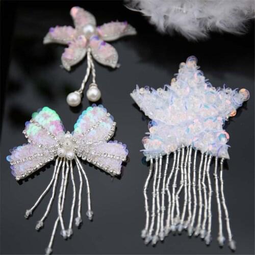 Handmade White Tassel Star Bow Pearl Beaded Patches Sequins Sew On Patch for Clothing Beading Applique Cute Patch