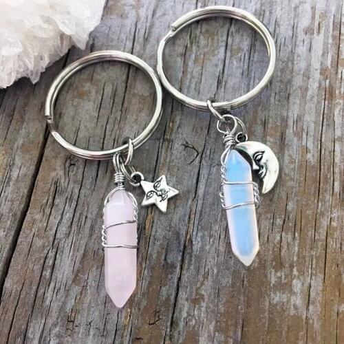 2Pcs Star and Moon Face Keychain, Wrapped Crystal Keyring, Star Moon BFF Key Chains, Natural Quartz Stone Keychain Wholesales