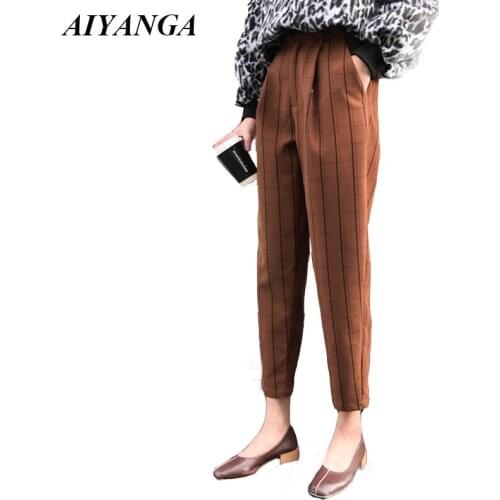 Plaid Thicken Pants Women Autumn Winter Trousers 2018 Warm Harem Pants Casual Loose High Waist Ankle-Length Trousers Female