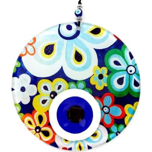 Floral Pattern Fusion Glass Evil Eye Beaded 16 Centimeter Wall Ornament