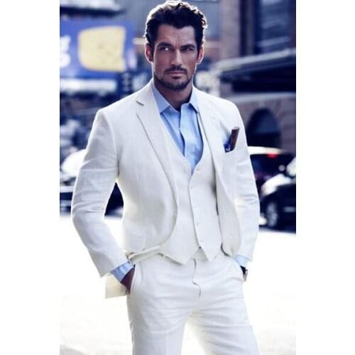 White Three Pieces Mens Wedding Suits Slim Fit Single Breasted Notch Lapel Jacket Vest Pants Button Down Business Costumes