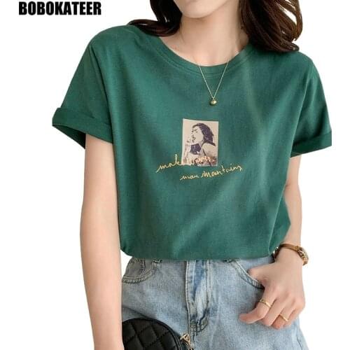 Summer Short Sleeve T Shirt Women Clothes Vintage Green Tops Female T-shirts White Casual Printed Tee Shirt Korean Fahsion 2021