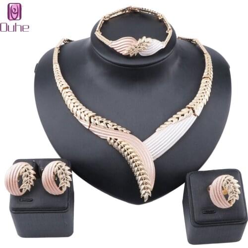 Leaf Shape Dangle Drop Party Earring Bangle Ring Necklace African Nigerian CZ Gold Color Wedding Jewelry Set for Brides