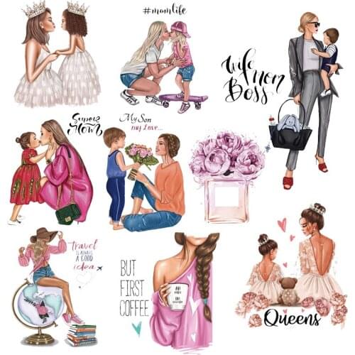 Fashion Girl Heat Vinyl Transfer For Clothing Mom/Baby Iron On Flower Transfers For Clothes Appliques Stickers For DIY T-shirt