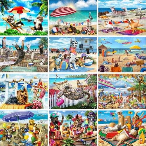 MomoArt 5D DIY Diamond Painting Dog Cross Stitch Kit Diamond Embroidery Animal Diamond Mosaic Seaside Home Decorations