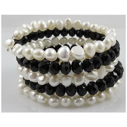 Charming Wedding Birthday Gift Women Jewelry White Freshwater Pearl Black Crystal Beads 5rows Real Pearl Bracelet