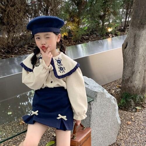 Girls Korean Beige Mixed Navy Blue Embroidered Shirt and Skirt Autumn New Korean Children Clothes