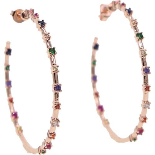 Rose gold color big hoop earring colorful cz setting rainbow cubic zirconia paved circle hoop elegance hot fashion women earring