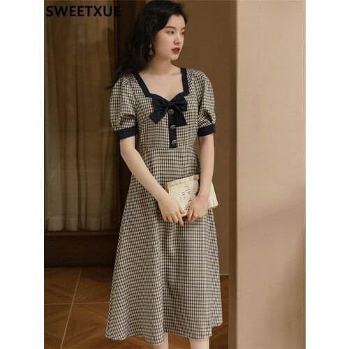 SWEETXUE Summer Women French Retro Plaid Dress Temperament Square Collar Puff Sleeves Bow Chic Elegant Long Dress Vestido Muje