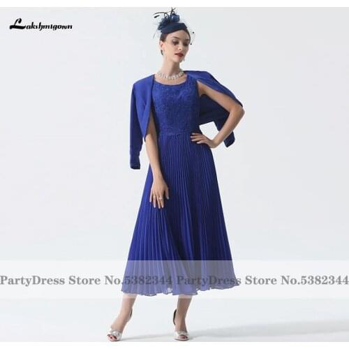 Vintage Royal Blue Mother Of The Bridal Dress with Jacket Plus Size 2021 Vestidos Women Tea Length Wedding Guest Party Gowns