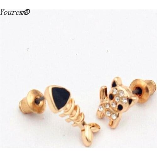 Yourem rhinestone mini cute fish cat earring for women tiny cute earings fj403