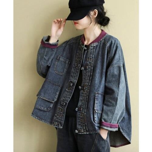 2021 Autumn Folk-custom Denim Coat Korean Fashion Stand-up Collar Loose Buckle Asymmetry Jeans Jacket Womens Long Sleeve Top