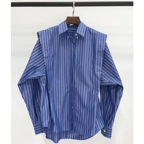Woman Blue White Striped Shirt Collar Shoulder Padded Long Sleeves Front Buttons Fashion Shirts Blouse Tops 2020