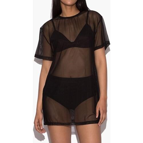 Women Sexy See-Through Cover-Ups Ladies Bikini Fishnet Short Sleeve Black Blouse Sheer Mesh Round Neck Tops
