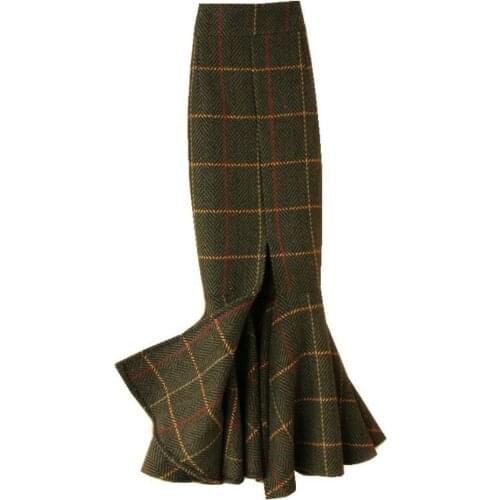 Plus size 4XL!vintage plaid woolen trumpet skirt women high waist thick package hip split mermaid skirt