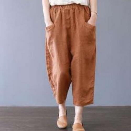 2021 100% COTTON Wide Legs Women Pants High Waist 7 Point Elastic Waist Pocket Lady Pant Solid Pencil Women Pants Plus Size 5XL