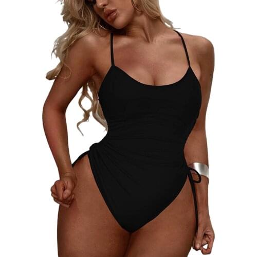 Women Solid Color Casual Swimsuit U-shape Collar Sleeveless Pleated One-piece Swimwear