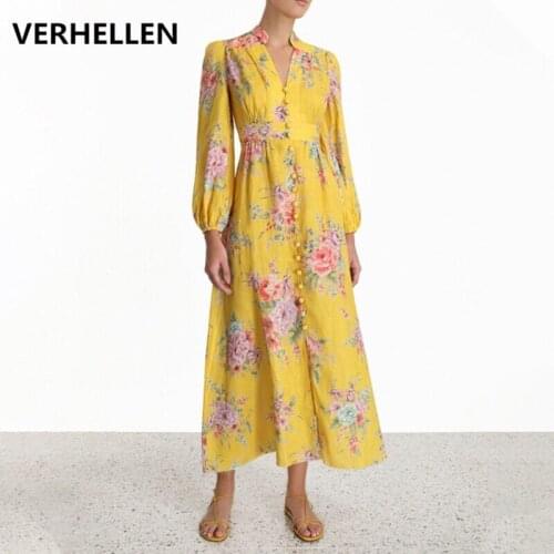 VERHELLEN High Quality Runway Vintage Print Dresses 2020 Spring Women Long Sleeve V-neck Boho Long Dress For Women Clothes